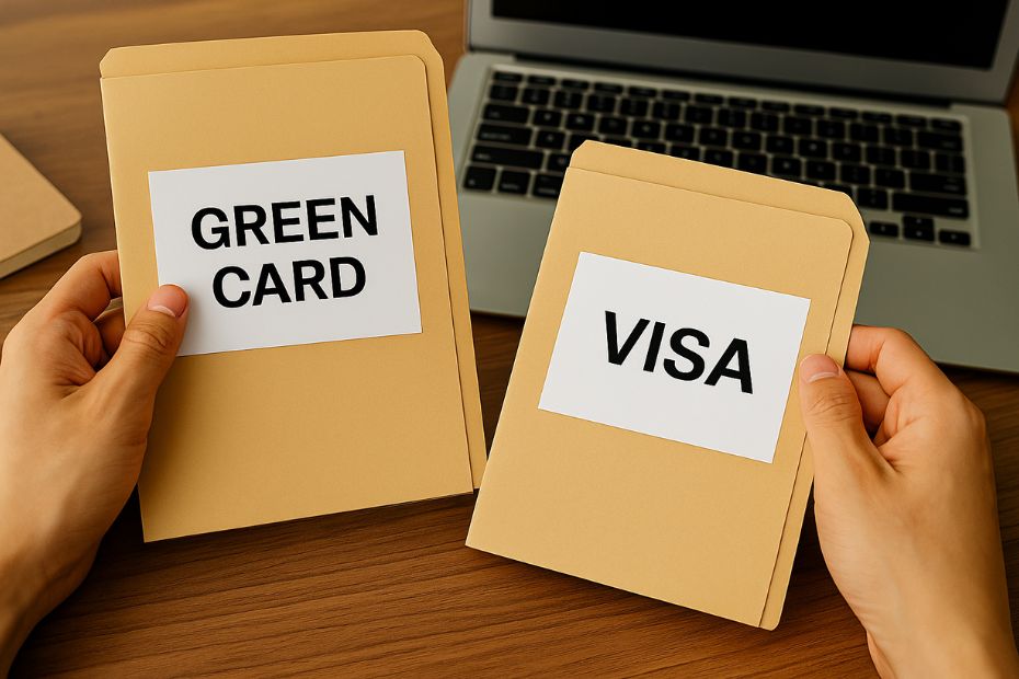 Person reviewing Green Card and visa application form