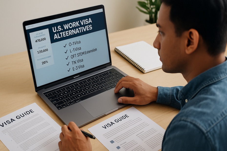 A skilled international worker researching visa options on a laptop
