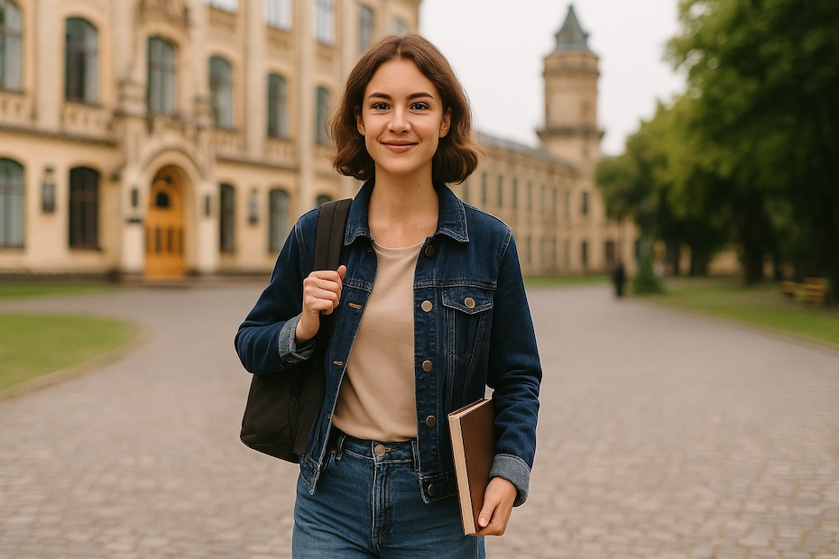 A university student walking confidently on a European campus.
