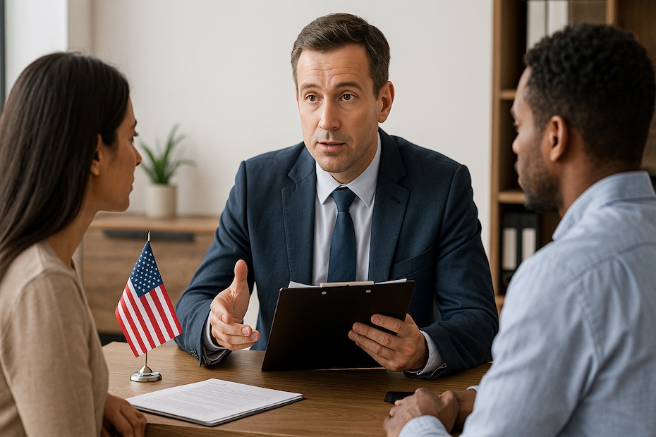 Attorney speaking with individuals during a legal immigration consultation in a professional office.
