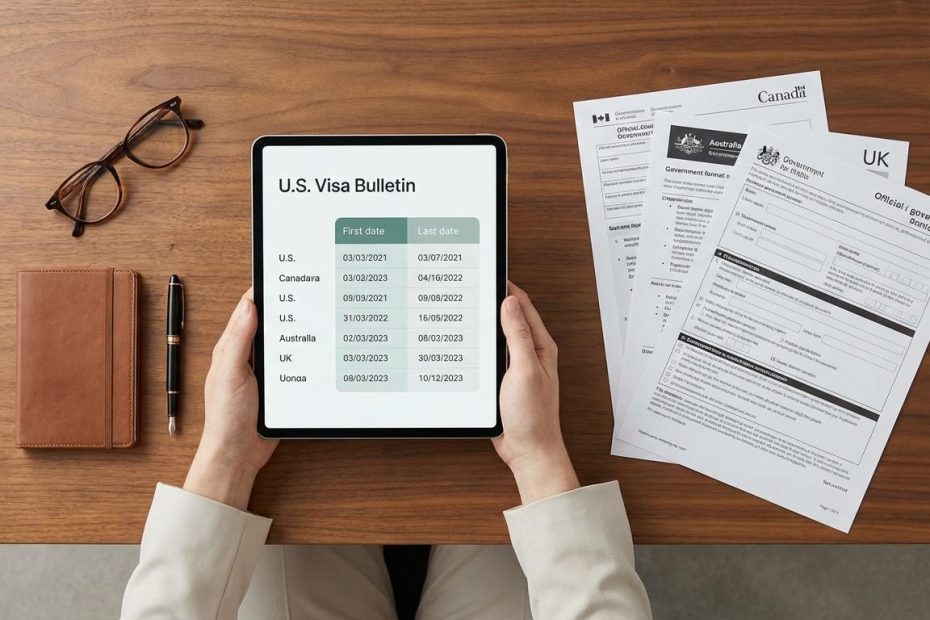 Person reviewing U.S. Visa Bulletin dates beside a passport and immigration forms