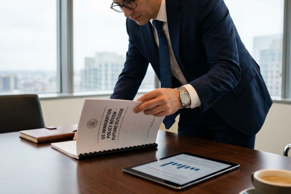 Immigration lawyer reviewing U.S. policy documents with a city skyline and American flag in the background